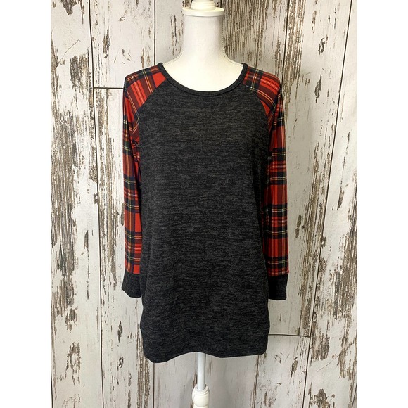 Bellamie Sweaters - Bellamie Red Plaid Sleeve Lightweight Sweater